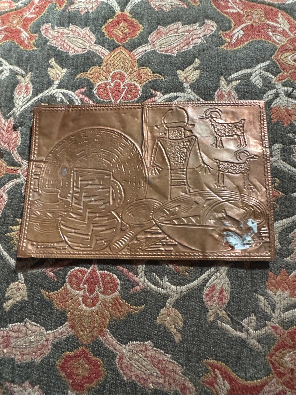 Hand Crafted Copper Embossed Metal Wall Art with Tribal Motif